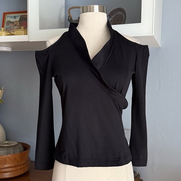 Anne Fontaine Cold Shoulder Top Size 38 Black Stretch Knit Y2K - Picture 1 of 8